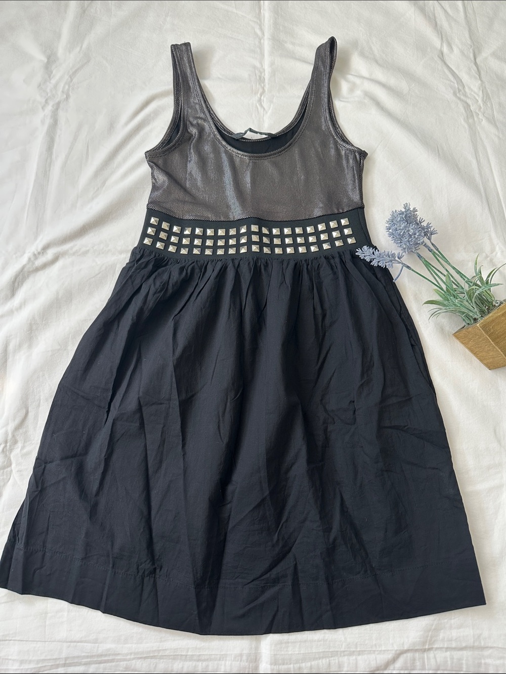 Urban Behavior Black Mini Dress, Studded and shiny Detail. Pockets.